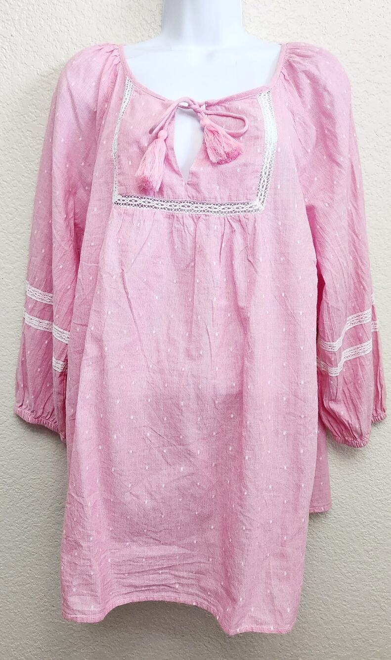 St John's Bay Pink Lace/Crochet Detail Peasant Top 1X Plus NWT Lightweight Soft